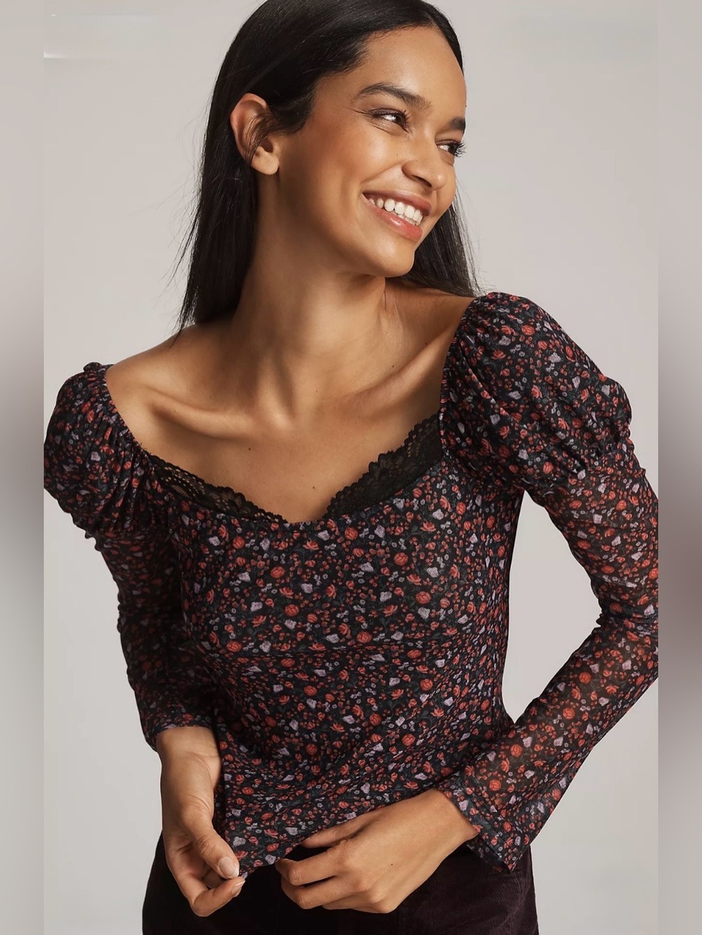 Anthropologie Maeve Mutton-Sleeve Scoop-Neck Ditsy Floral Top